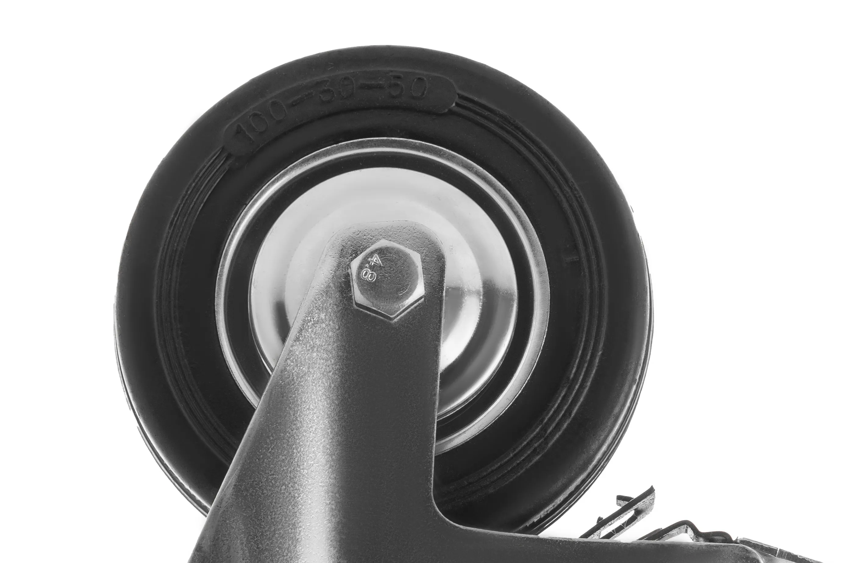 Промышленное колесо, диаметр 100мм, крепление под болт 12,5мм, поворотное, тормоз, черная резина, роликовый подшипник - SChb 42